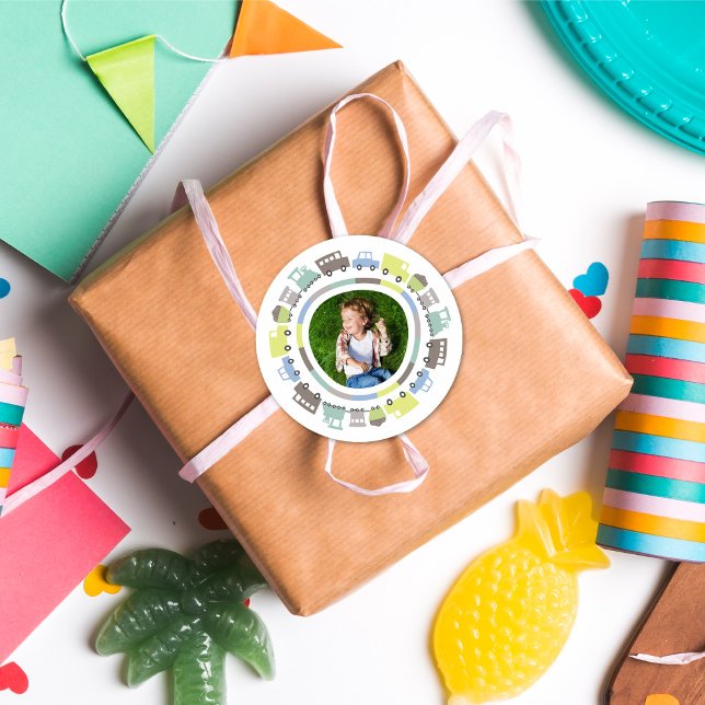 Boys Toys Pastel Fun Transport Kid Birthday Photo Classic Round Sticker (Boys Toys Pastel Blue Cute Transport Cars Bus Truck Trains Kid's Birthday Party Favor Photo Stickers)