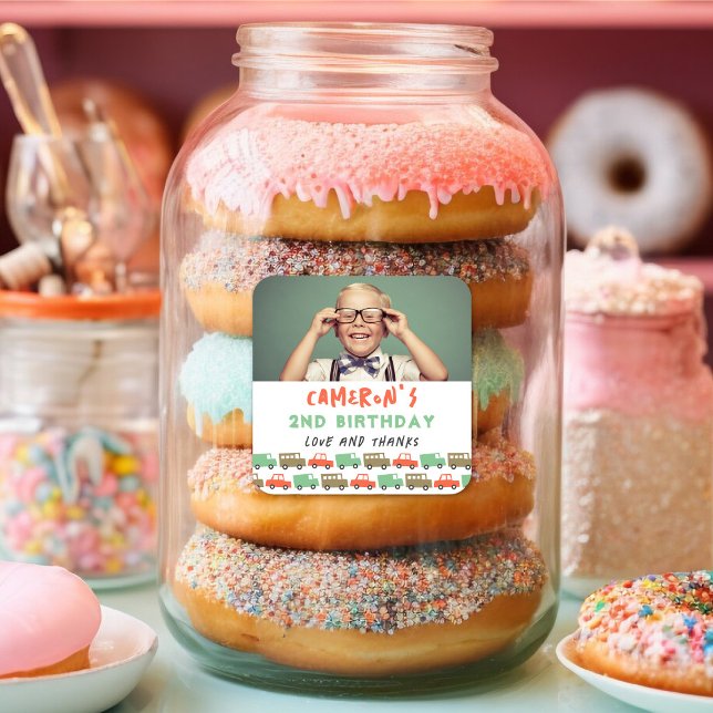 Boys Toys Retro Transport Photo Kid Birthday Party Square Sticker (Boys Toys Fun Retro Transport Photo Kid's Birthday Party Favor Sticker / Food Or Drinks Label)