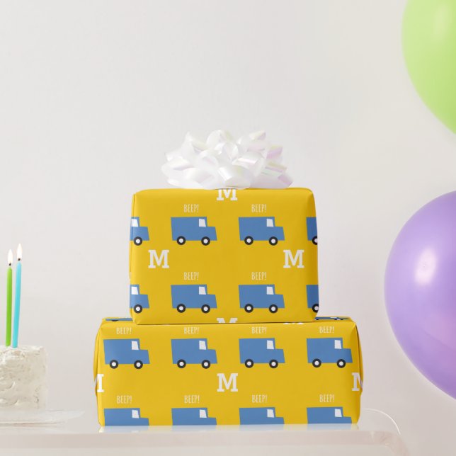 Boys Toys Transport Blue Truck Monogram Birthday Wrapping Paper (Party Gifts)