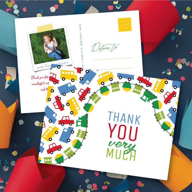 Boys Toys Transport Car Train Bus Truck Thank You Postcard (Boy's Toys Transport Kid's Birthday Party Collection @ fat*fa*tin)