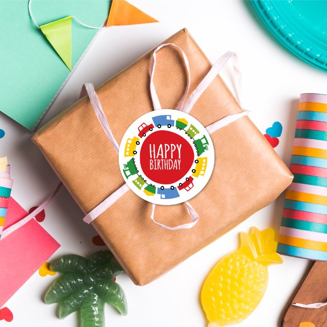 Boys Toys Transport Car Train Happy Birthday Party Classic Round Sticker (Boy's Toys Transport Kid's Birthday Party Collection @ fat*fa*tin)