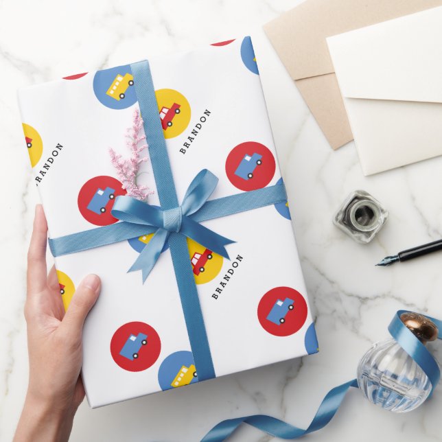 Boys Toys Transport Cute Car Bus Truck Custom Name Wrapping Paper (Gifting)