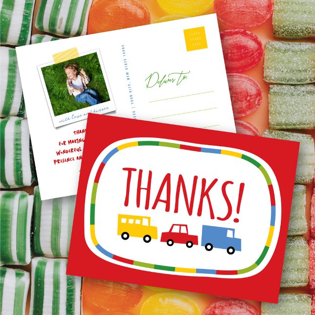 Boys Toys Transport Kid's Birthday Party Thank You Postcard (Boys Toys Colorful Fun Transport Kid's Birthday Party Thank You Postcard @ fatfatin_mini_me)