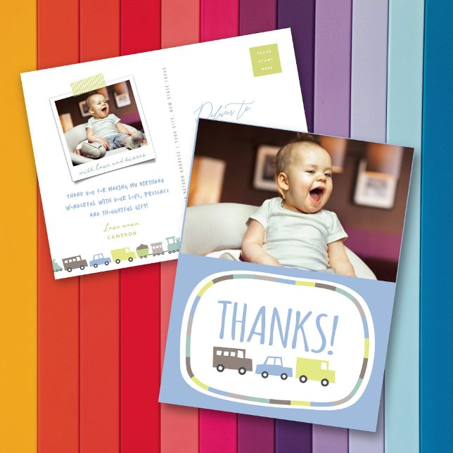 Boys Toys Transport Kid's Birthday Party Thank You Postcard (Boys Toys Pastel Blue Transport Kid's Birthday Party Photo Thank You Postcard by fatfatin @ Zazzle)