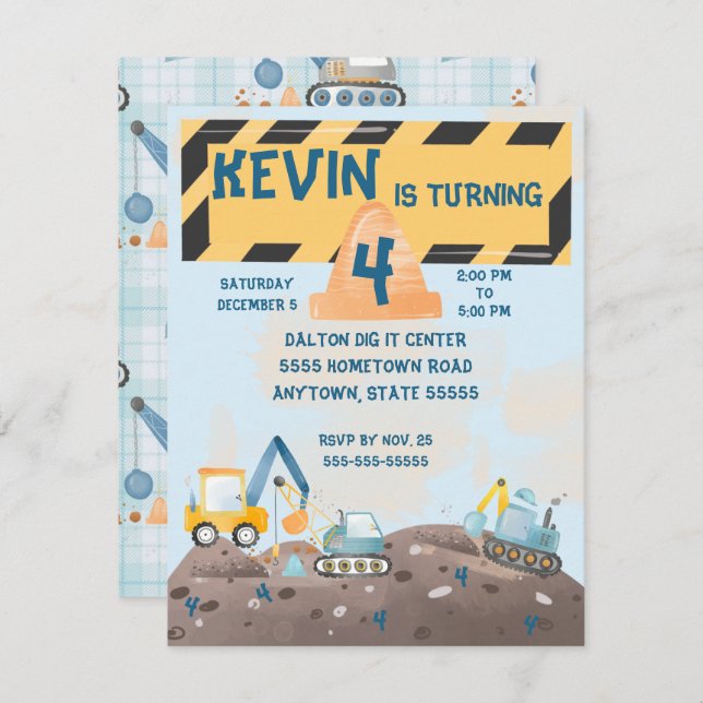 Boys tractor digging birthday invite (Front/Back)