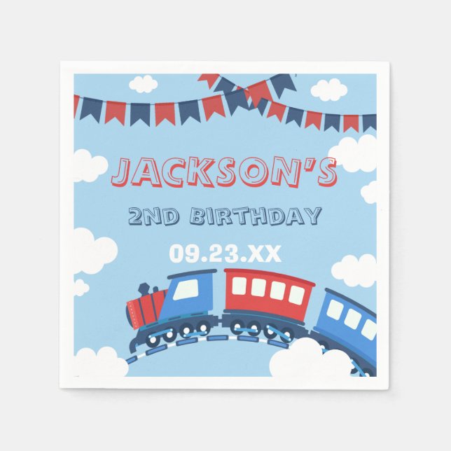 Boys Train Chugga Two Flag Blue Red White Birthday Napkin (Front)