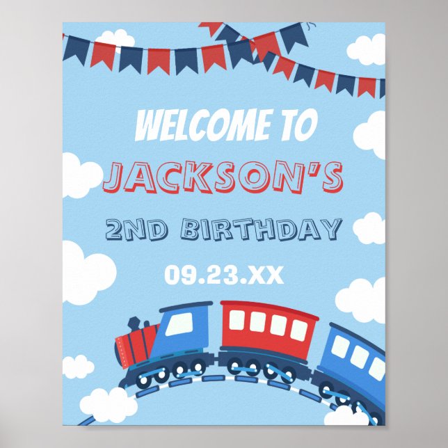 Boys Train Chugga Two Flag Blue Red White Birthday Poster (Front)