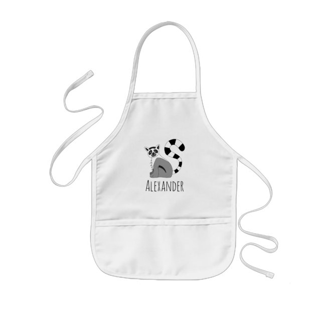 Boy's Trendy Jungle Lemur Cartoon with Name Kids Apron (Front)