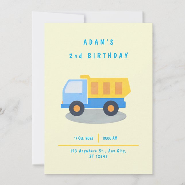 Boy's Truck Birthday Invitation (Front)