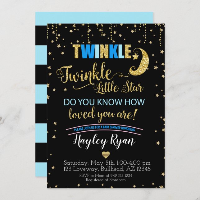 Boys Twinkle Twinkle Little Star Blue Baby Shower Invitation (Front/Back)
