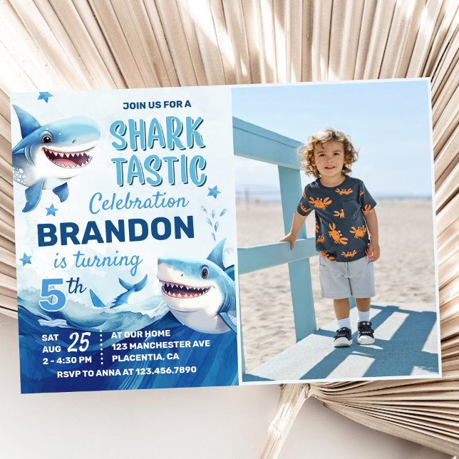 Boys Under the Sea Ocean Shark 5th Birthday Photo Invitation (Creator Uploaded)