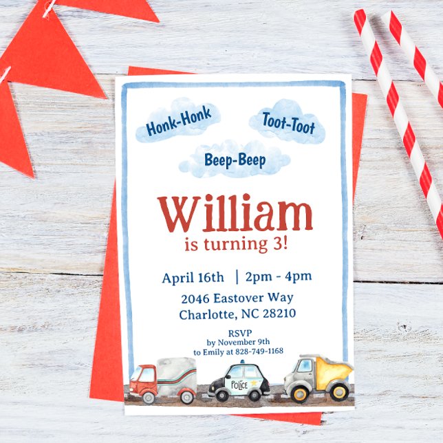 Boys Vehicle Cars Watercolor Birthday Party Invitation (Creator Uploaded)
