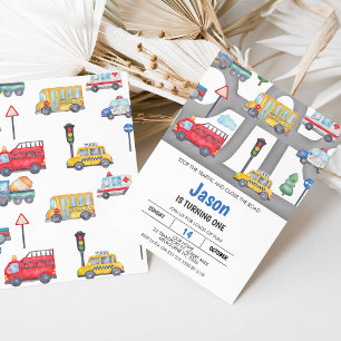 Boys Vehicles or Transport Road 1st Birthday Invitation