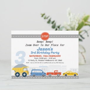 Boys Vehicles Transport Themed Birthday Invitation