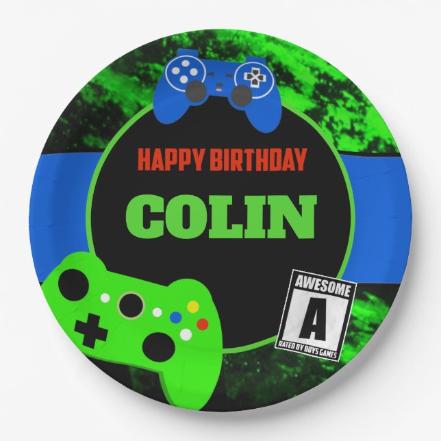 Boys Video Game Birthday Party Personalised Paper Plate (Front)