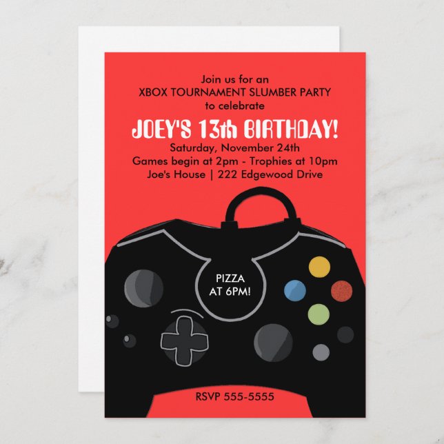 BOYS VIDEO GAME SLUMBER PARTY INVITE RED (Front/Back)