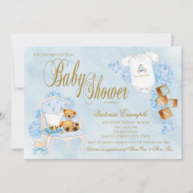 Boys Watercolor Blue Gold Baby Shower Invitation (Front)