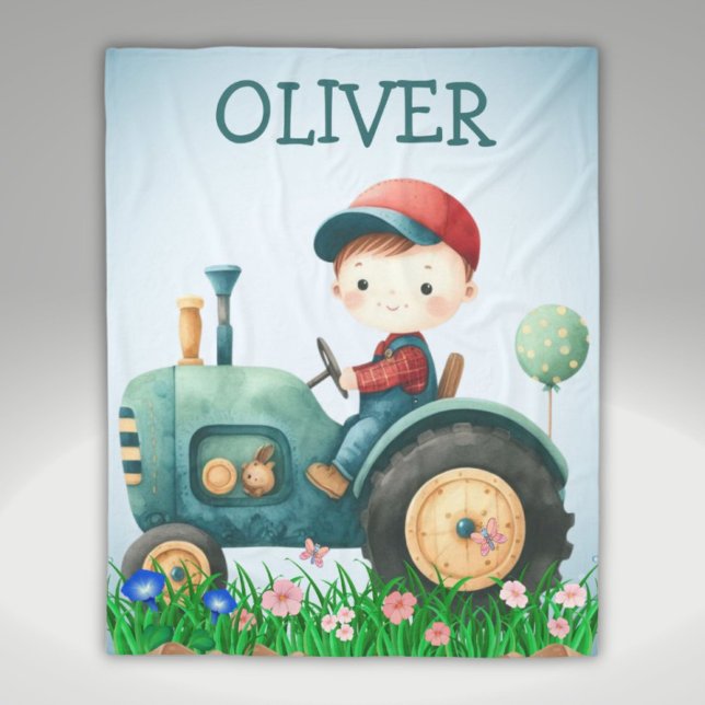 Boys' Watercolor Cute Green Tractor Personalised Fleece Blanket (Creator Uploaded)