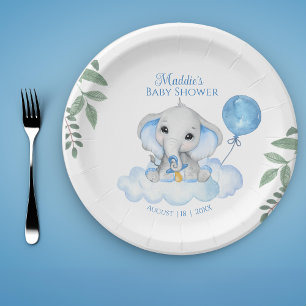 Boys Watercolor Elephant Baby Shower Paper Plate