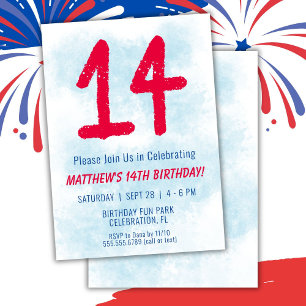 Boys Watercolor Kids Blue 14th Birthday Invitation