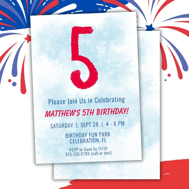 Boys Watercolor Kids Blue 5th Birthday Invitation (Creator Uploaded)