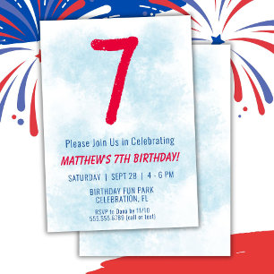 Boys Watercolor Kids Blue 7th Birthday Invitation