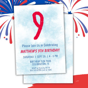 Boys Watercolor Kids Blue 9th Birthday Invitation