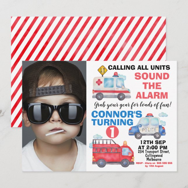 Boys Watercolor Photo Transport 1st Birthday Invitation (Front/Back)