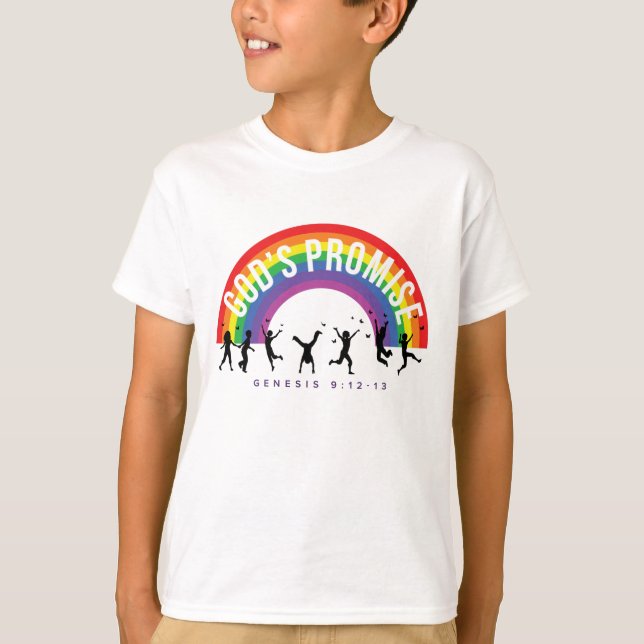 Boy's White T-Shirt Rainbow God's Promise w/Kids (Front)