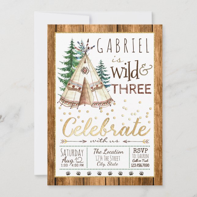 Boys Wild and Three Tribal TeePee Third Birthday Invitation (Front)