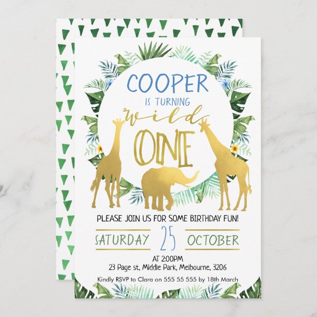 Boys Wild One Gold Animals Birthday Invitation (Front/Back)