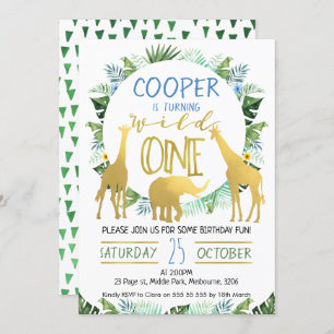 Boys Wild One Gold Animals Birthday Invitation