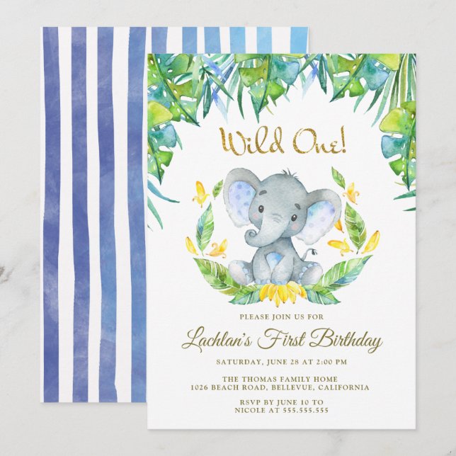 Boys Wild One Safari Baby Elephant 1st Birthday Invitation (Front/Back)