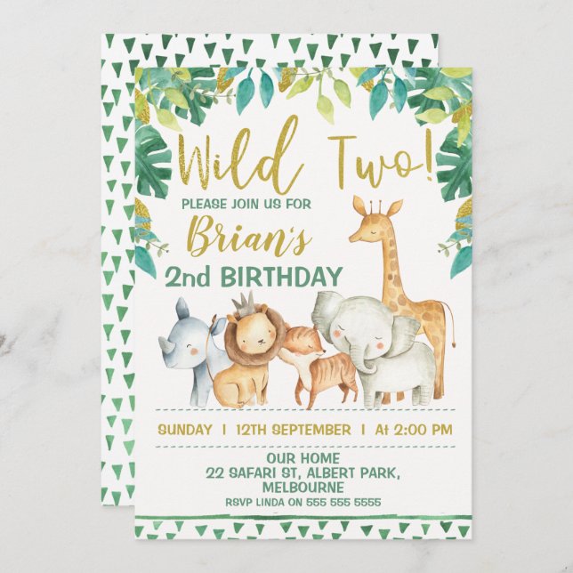 Boys Wild Two Safari First Birthday Invitation (Front/Back)