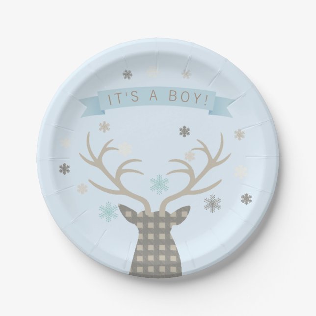 Boys Winter Wonderland Woodland Deer Baby Shower Paper Plate (Front)