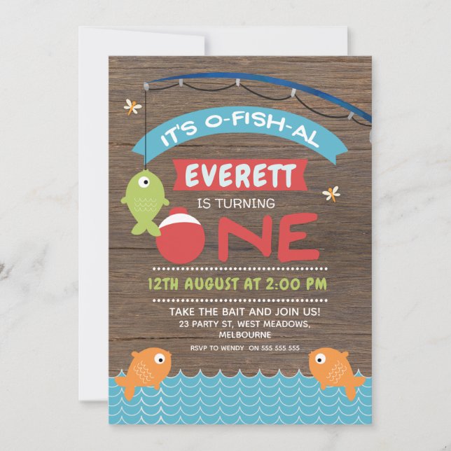 Boy's Wood It's o-fish-al 1st Birthday Invitation (Front)
