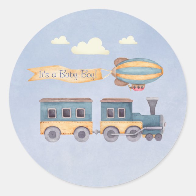 Boy's Wooden Toys Blue Baby Shower Train Classic Round Sticker (Front)