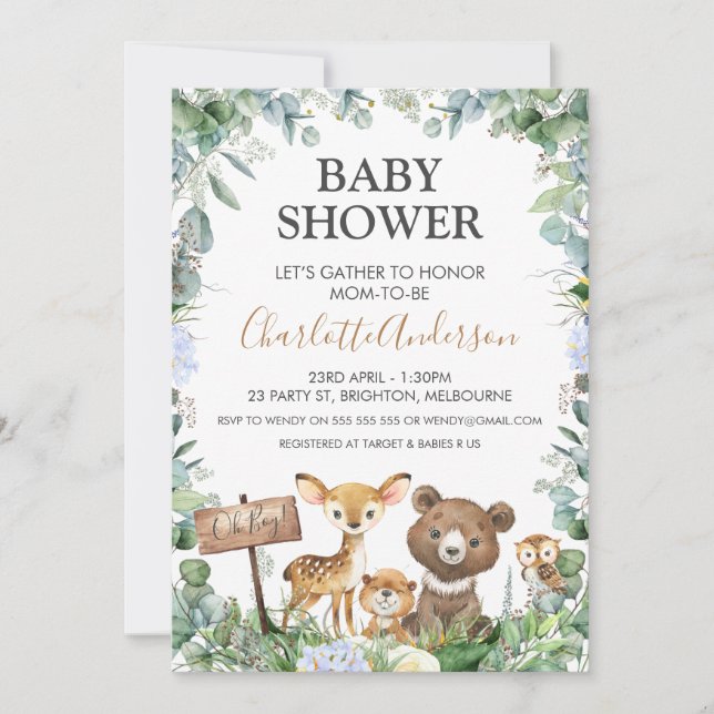 Boys Woodland Animals and Greenery Baby Shower Invitation (Front)