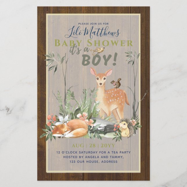Boys Woodland Animals Forest Baby Shower Invites Flyer (Front)