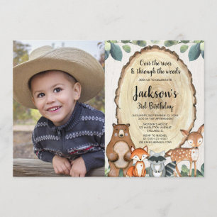 Boys woodland animals rustic forest birthday photo invitation