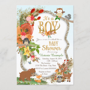 Boys Woodland Antler Baby Shower Invitation