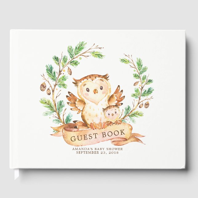 Boys Woodland Owl  Baby Shower Guest Book (Front)