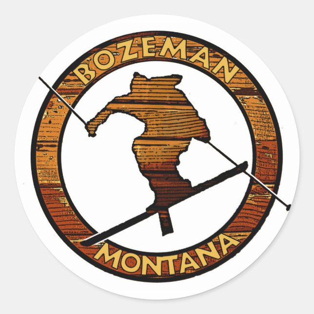 Bozeman Montana skier wood circle sticker (Front)