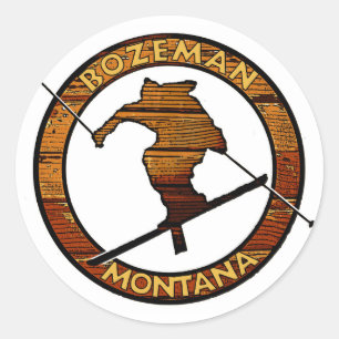 Bozeman Montana skier wood circle sticker