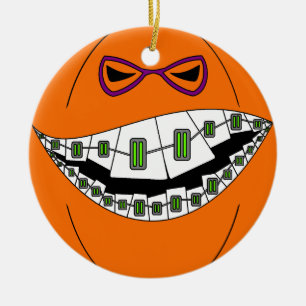 Braces Pumpkin Halloween Evil Grin Geeky Nerdy Ceramic Tree Decoration