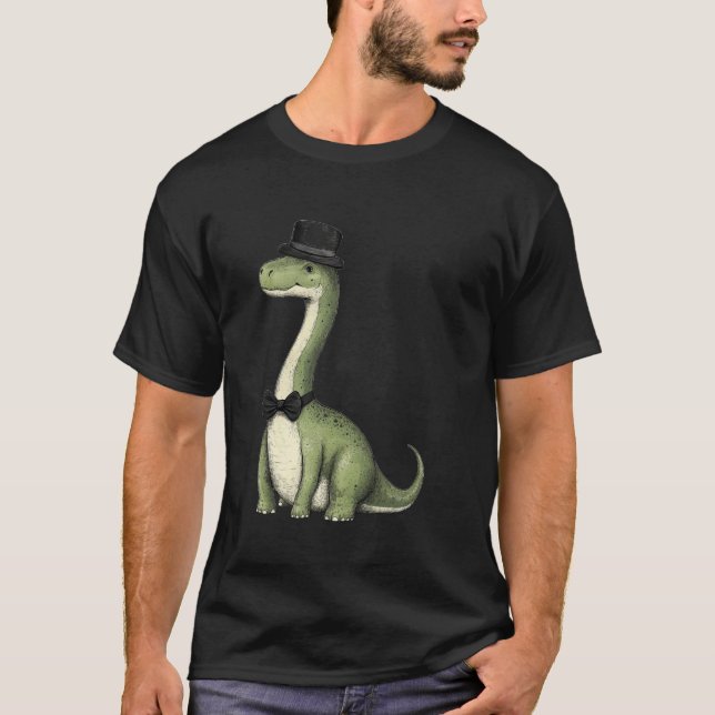 Brachiosaurus Dinosaur Wearing A Hat And Bowtie T-Shirt (Front)