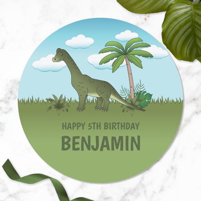 Brachiosaurus Dinosaur With Name Tropical Birthday Classic Round Sticker (Creator Uploaded)
