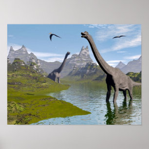 Brachiosaurus dinosaurs in water - 3D render Poster