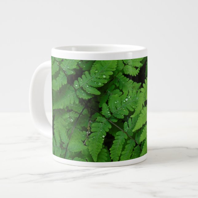 Bracken fern with rain drops, Washington State Large Coffee Mug (Front Left)