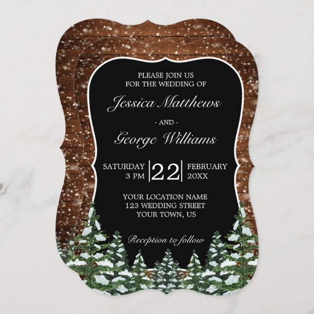 Bracket Black Snowy Wood & Forest Country Wedding Invitation (Front/Back)